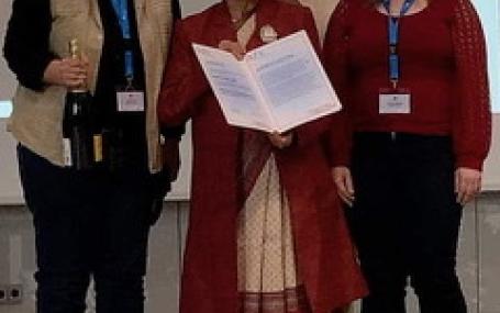 The photo shows (from left to right) Professor Miriam Butt, Professor Aditi Lahiri, Professor Sophie Repp the President of the DGfS, and Professor Anke Himmelreich, Vice President of the DGfS