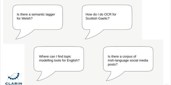 4 text bubbles. They read, "Is there a semantic tagger for Welsh", "How do I do OCR for Scottish Gaelic",  "Where can I find topic modelling tools for English?" "Is there a corpus of Irish-language social media posts" and in the corner is the CLARIN logo