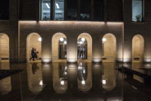 Nighttime view of south entrance to Schwarzman Centre for Humanities