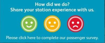 The passenger experience scale from train stations, titled 'How did we do? Share your station experience with us' with green smiling, yellow neutral and red sad icons